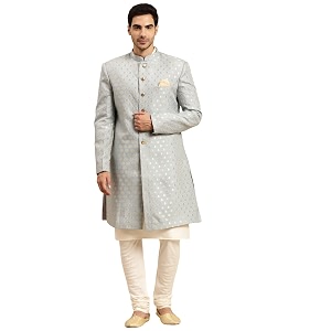 kisah men39s kurta sherwani churidar set indo-western grey silk blend woven design regular fit mandarin collar full sleeves