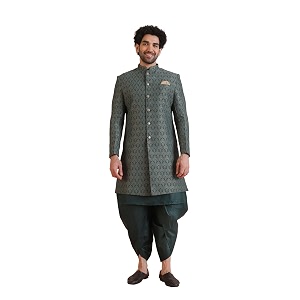 kisah men39s ethnic wear silk blend printed regular fit green kurta indo western sherwani set