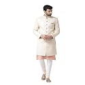 KISAH Men's Kurta Sherwani Churidar Set Indo-Western, Grey Silk Blend, Woven Design Regular Fit Mandarin Collar Full Sleeves