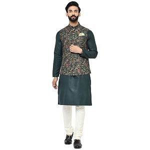 KISAH Men Printed Kurta Jacket Set Full