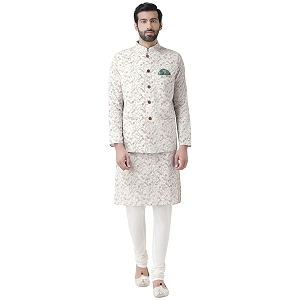 KISAH Men White Floral Kurta with Churidar