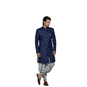 kisah mens sherwani dhoti set cotton blend solid dyed indo-western ethnic wear for men blue