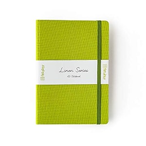 kitabby  linen series  a5 size hard bound notebook with pen elastic band and back pocket  192 pages  80gsm natural shade paper  linen fabric cover material  lime green