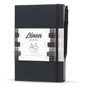 kitabby  linen series  a5 size hard bound notebook with pen elastic band and back pocket  192 pages  80gsm natural shade paper  linen fabric cover material  black