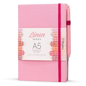 kitabby  linen series  a5 size hard bound notebook with pen elastic band and back pocket  192 pages  80gsm natural shade paper  linen fabric cover material  baby pink