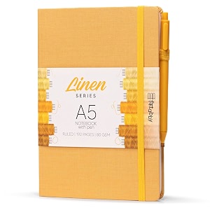 kitabby  linen series  a5 size hard bound notebook with pen elastic band and back pocket  192 pages  80gsm natural shade paper  linen fabric cover material  mustard yellow