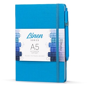 kitabby  linen series  a5 size hard bound notebook with pen elastic band and back pocket  192 pages  80gsm natural shade paper  linen fabric cover material  aqua blue