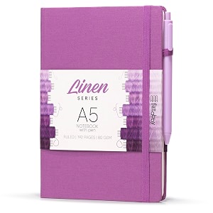 kitabby  linen series  a5 size hard bound notebook with pen elastic band and back pocket  192 pages  80gsm natural shade paper  linen fabric cover material  lilac