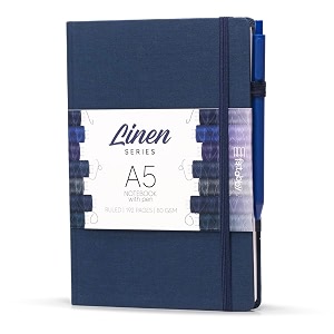 kitabby  linen series  a5 size hard bound notebook with pen elastic band and back pocket  192 pages  80gsm natural shade paper  linen fabric cover material  navy blue