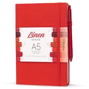 kitabby  linen series  a5 size hard bound notebook with pen elastic band and back pocket  192 pages  80gsm natural shade paper  linen fabric cover material  red