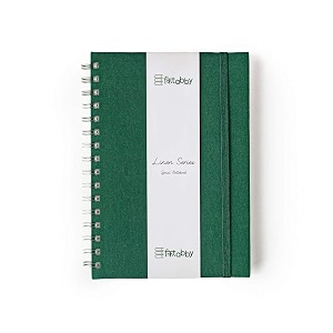 kitabby  linen series  a5 size  wire-o-bound spiral notebook with elastic band closure and back pocket  200 pages  80gsm natural shade paper  linen fabric cover material  olive green