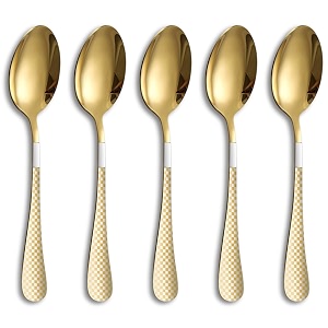 dinner spoon set of 5  8134 aurum gold finish tablespoons with checks printed handle durable stainless steel amp dishwasher safe silverware for home restaurant and gifting