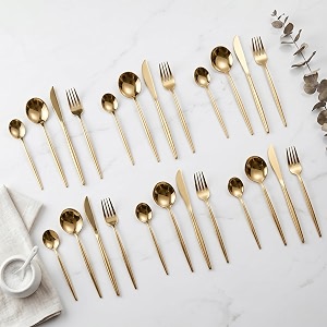 aurum gold silverware set  satin finish 24-piece stainless steel flatware set  dishwasher safe cutlery for home restaurant amp gifting