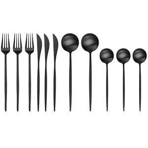matte black silverware set  satin finish 12-piece stainless steel flatware set  dishwasher safe cutlery for home restaurant amp gifting