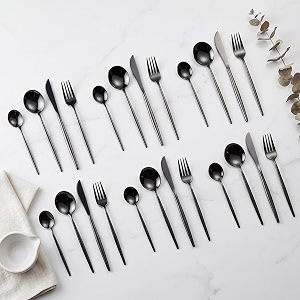 matte black silverware set  satin finish 24-piece stainless steel flatware set  dishwasher safe cutlery for home restaurant amp gifting