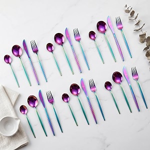 rainbow silverware set  satin finish 24-piece stainless steel flatware set  dishwasher safe cutlery for home restaurant amp gifting