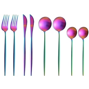 rainbow silverware set  satin finish 8-piece stainless steel flatware set  dishwasher safe cutlery for home restaurant amp gifting