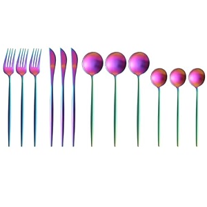 rainbow silverware set  satin finish 12-piece stainless steel flatware set  dishwasher safe cutlery for home restaurant amp gifting