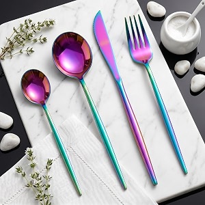 rainbow silverware set  satin finish 4-piece stainless steel flatware set  dishwasher safe cutlery for home restaurant amp gifting