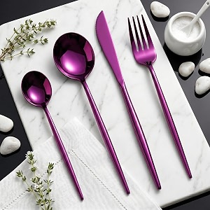 raspberry purple silverware set  satin finish 4-piece stainless steel flatware set  dishwasher safe cutlery for home restaurant amp gifting