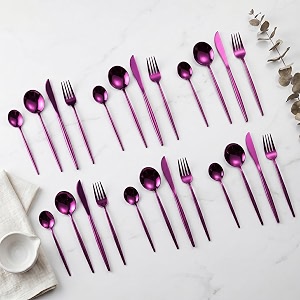 raspberry purple silverware set  satin finish 24-piece stainless steel flatware set  dishwasher safe cutlery for home restaurant amp gifting