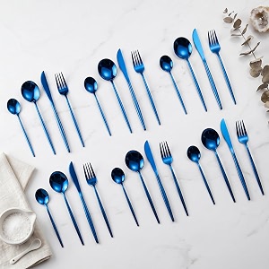 sapphire blue silverware set  satin finish 24-piece stainless steel flatware set  dishwasher safe cutlery for home restaurant amp gifting