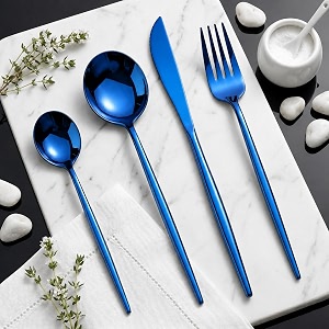 sapphire blue silverware set  satin finish 4-piece stainless steel flatware set  dishwasher safe cutlery for home restaurant amp gifting