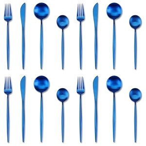 sapphire blue silverware set  satin finish 16-piece stainless steel flatware set  dishwasher safe cutlery for home restaurant amp gifting
