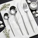 Sterling Silver Silverware Set | Satin Finish 4-Piece Stainless Steel Flatware Set | Dishwasher Safe Cutlery for Home, Restaurant &amp; Gifting