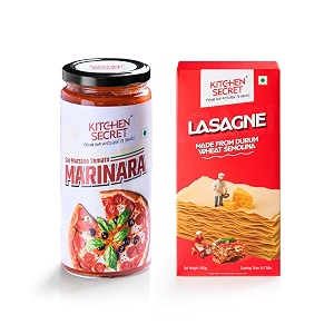 kitchen secret lasagne pasta and marinara sauce combo  100 durum wheat semolina eggless pasta 500g  sun marzano tomato sauce 390g  no preservatives high protein amp fiber italian style