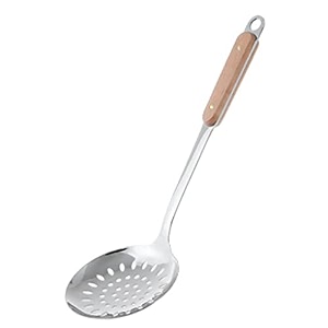 kitchen slotted spoon stainless steel skimmer spoon with large bowl built-in hang hole amp comfortable grip wooden handle durable food grade strainer spoon for draining amp frying 145 inch