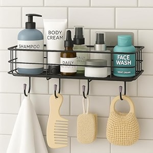 bathroom organiser without drill  self adhesive bathroom shelf for wall  gi steel powder coated rustproof rack with 4 hooks  wall mounted storage for shampoo soap amp toiletries  black pack of 1