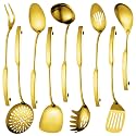 Kitchen Utensil Set, 9-Piece Cooking Utensil Set,Include 304 Stainless Steel Spatula Skimmer, Soup Ladle, Spaghetti Server,Slotted &amp; Solid Spoon, Slotted Spatula Turner, Meat Fork(Gold）