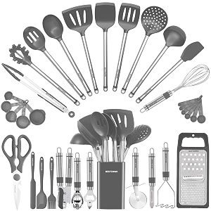 kitchen utensil set-silicone cooking utensils-33 kitchen gadgets amp spoons for nonstick cookware-silicone and stainless steel spatula set-best kitchen tools useful pots grey