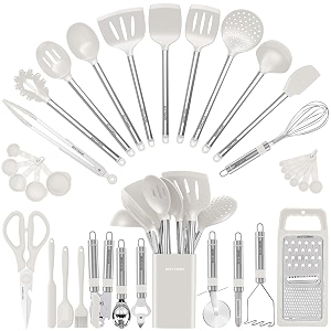 kitchen utensil set-silicone cooking utensils-33 kitchen gadgets amp spoons for nonstick cookware-silicone and stainless steel spatula set-best kitchen tools useful pots cream white