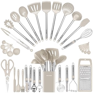 kitchen utensil set-silicone cooking utensils-33 kitchen gadgets amp spoons for nonstick cookware-silicone and stainless steel spatula set-best kitchen tools useful pots khaki