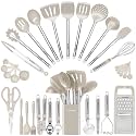Kitchen Utensil Set-Silicone Cooking Utensils-33 Kitchen Gadgets & Spoons for Nonstick Cookware-Silicone and Stainless Steel Spatula Set-Best Kitchen Tools, Useful Pots (Khaki)