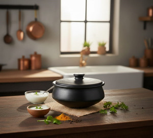 kitchena clay handicraft black clay handcrafted cooking pot with lid handi 1 l with lid