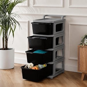 kitchivo heavy duty plastic storage drawer with wheels  modular cabinet for bedroom office home or classroom chest of drawers organiser for cosmetics kitchen items toys black amp grey 4