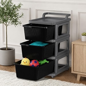 kitchivo heavy duty plastic storage drawer with wheels  modular cabinet for bedroom office home or classroom chest of drawers organiser for cosmetics kitchen items toys black amp grey 3