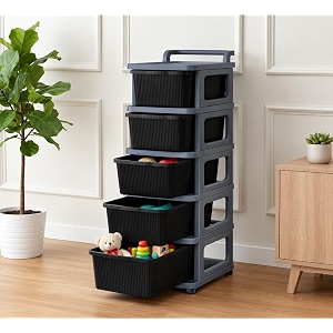 kitchivo heavy duty plastic storage drawer with wheels  modular cabinet for bedroom office home or classroom chest of drawers organiser for cosmetics kitchen items toys black amp grey 5