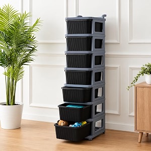 kitchivo heavy duty plastic storage drawer with wheels  modular cabinet for bedroom office home or classroom chest of drawers organiser for cosmetics kitchen items toys black amp grey 7