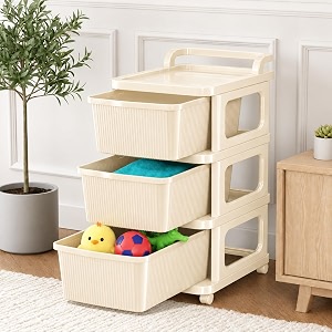 kitchivo heavy duty plastic storage drawer with wheels  modular cabinet for bedroom office home or classroom chest of drawers organiser for cosmetics kitchen items toys ivory 3