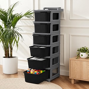 kitchivo heavy duty plastic storage drawer with wheels  modular cabinet for bedroom office home or classroom chest of drawers organiser for cosmetics kitchen items toys black amp grey 6