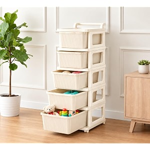 kitchivo heavy duty plastic storage drawer with wheels  modular cabinet for bedroom office home or classroom chest of drawers organiser for cosmetics kitchen items toys ivory 5