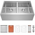 Kitsitchen 30 Inch Farmhouse Kitchen Sink, Double Bowl Kitchen Sink, 16 Gauge T304 Stainless Steel 50/50 Double Bowls Farm Sink with All Accessories
