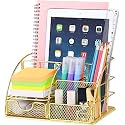 Kiwilon Desk Organiser For Office Table I Desktop Organizer For Study Table I 6 Compartment Metal Mesh Stationary Holder I Aesthetic Multi-Purpose Cosmetic Organizer For Vanity Desk (Gold)
