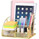 Desk Organizer with Drawer, 6 Compartments Metal Mesh Office Supplies Holder for Stationery, Makeup Brushes, Pens, Notebooks & Home Desk Storage