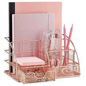 desk organizer with drawer 6 compartments metal mesh office supplies holder for stationery makeup brushes pens notebooks amp home desk storage rose gold