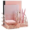 Desk Organizer with Drawer, 6 Compartments Metal Mesh Office Supplies Holder for Stationery, Makeup Brushes, Pens, Notebooks &amp; Home Desk Storage (Rose Gold)